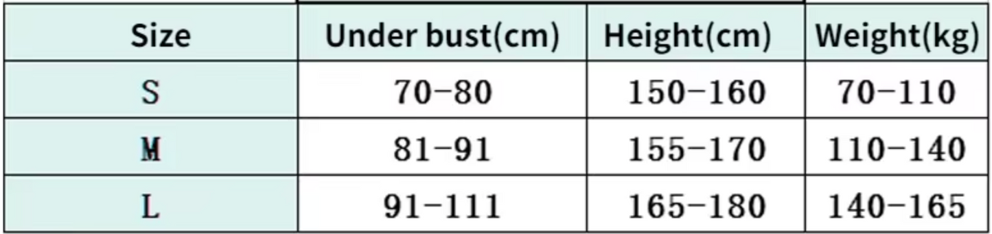 3D Posture Corrector Size Table 